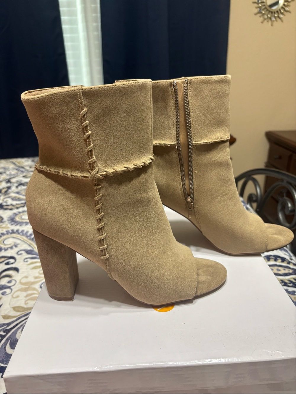 VENUS Beige Suede Peep-Toe Ankle Booties with Whipstitch Detail